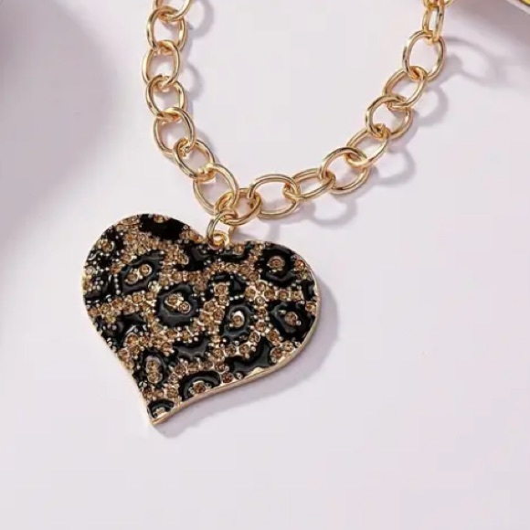 Cheetah Leopard Crystal & Black Enamel Gold Toned Necklace - Picture 2 of 2